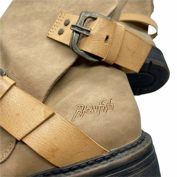 Blowfish Biker Steampunk Boots Buckle Tan Faux Leather Round Toe Mid Calf SZ 6.5 - Picture 7 of 16